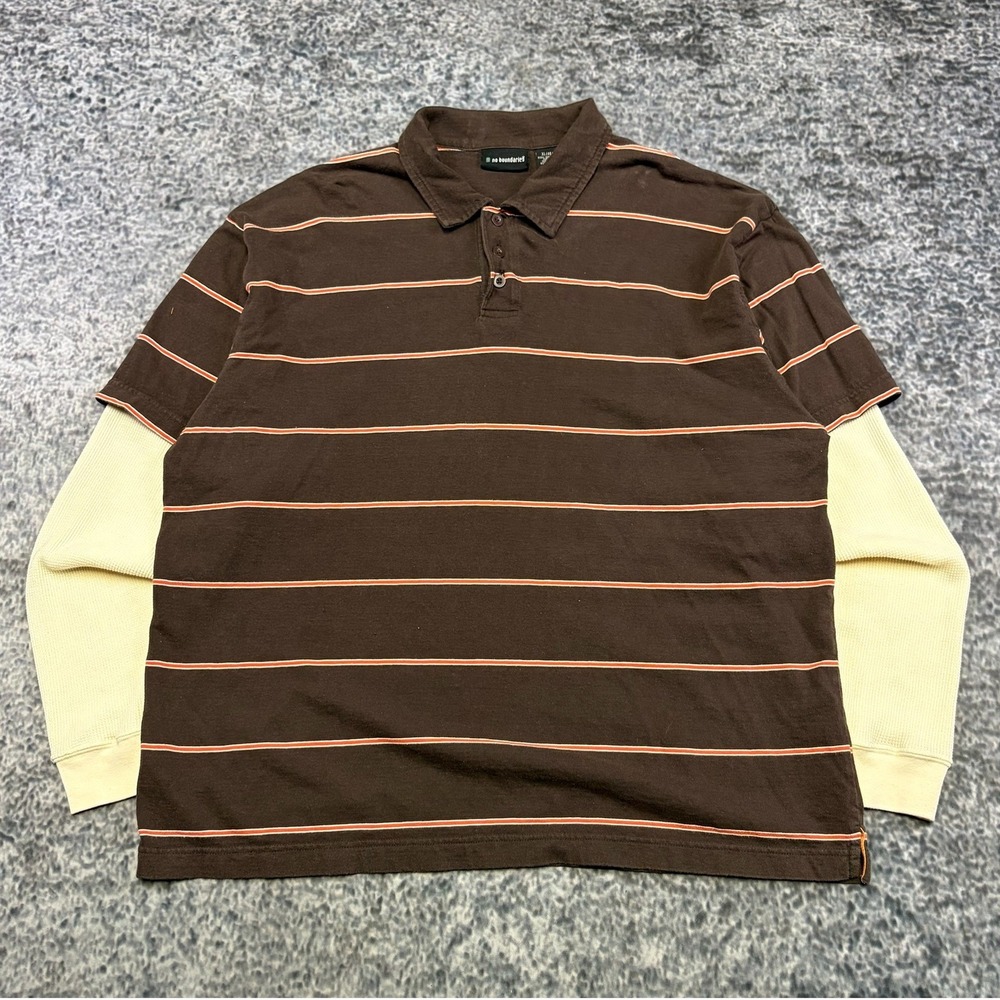 No Boundaries Polo Shirt Thermal Layered Striped Mens XL Brown Grunge Skater Y2K